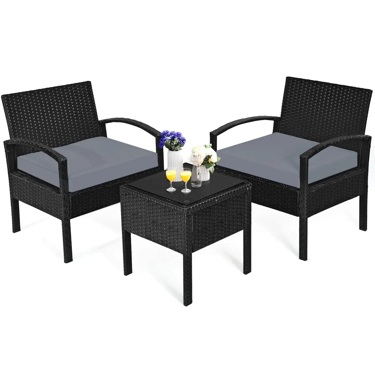 3 Pieces Outdoor Rattan Patio Conversation Set with Seat Cushions by DirectDeals