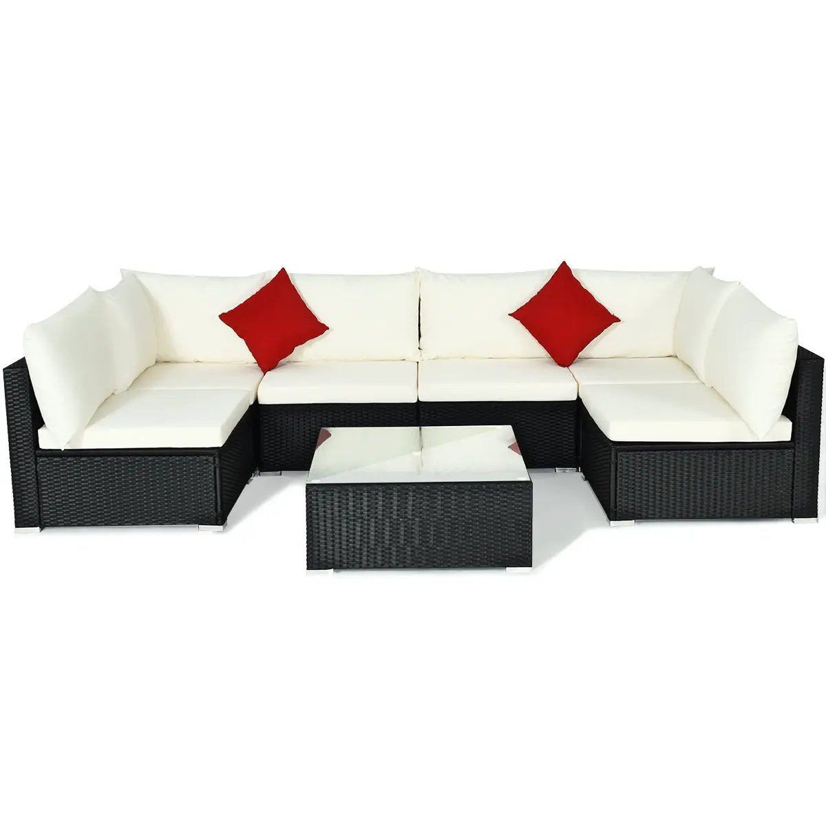 7 Pieces Sectional Wicker Furniture Sofa Set with Tempered Glass Top-Red by DirectDeals