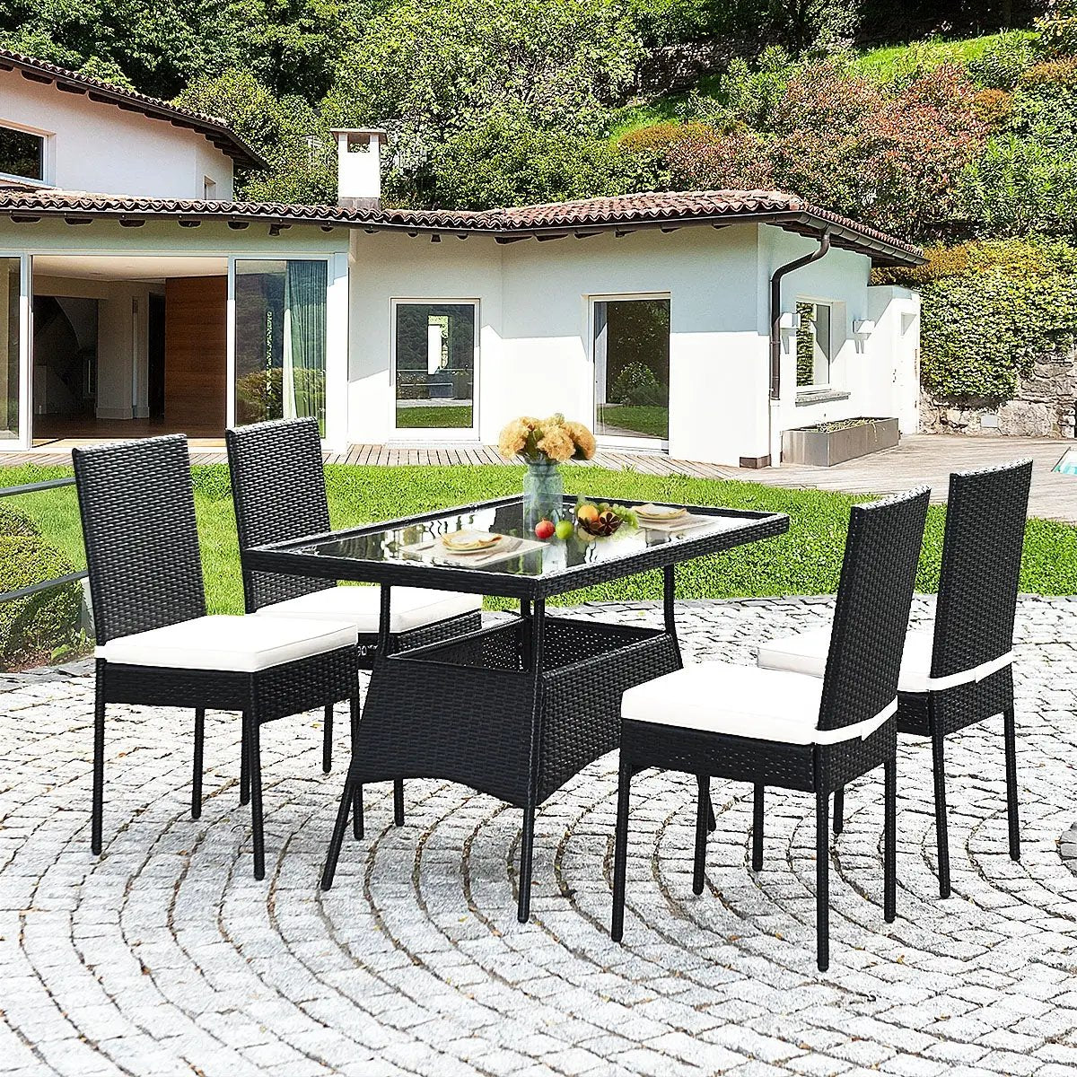 5-Piece Rattan Patio Dining Set with Glass Top & Cushions by DirectDeals