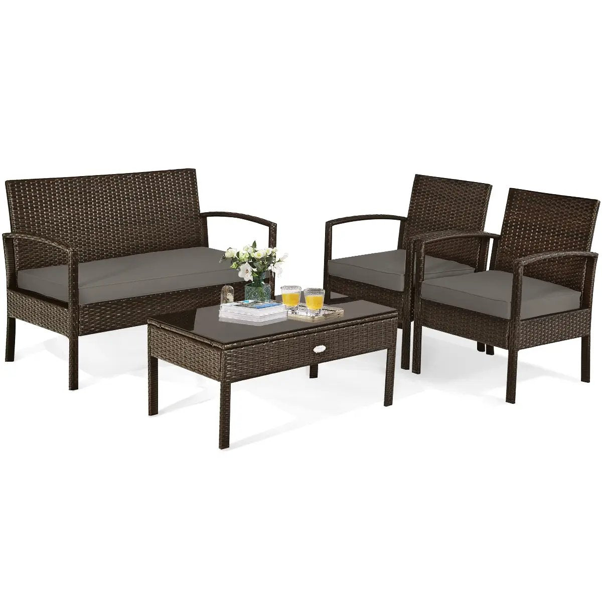 4 Pieces Patio Rattan Cushioned Furniture Set by DirectDeals
