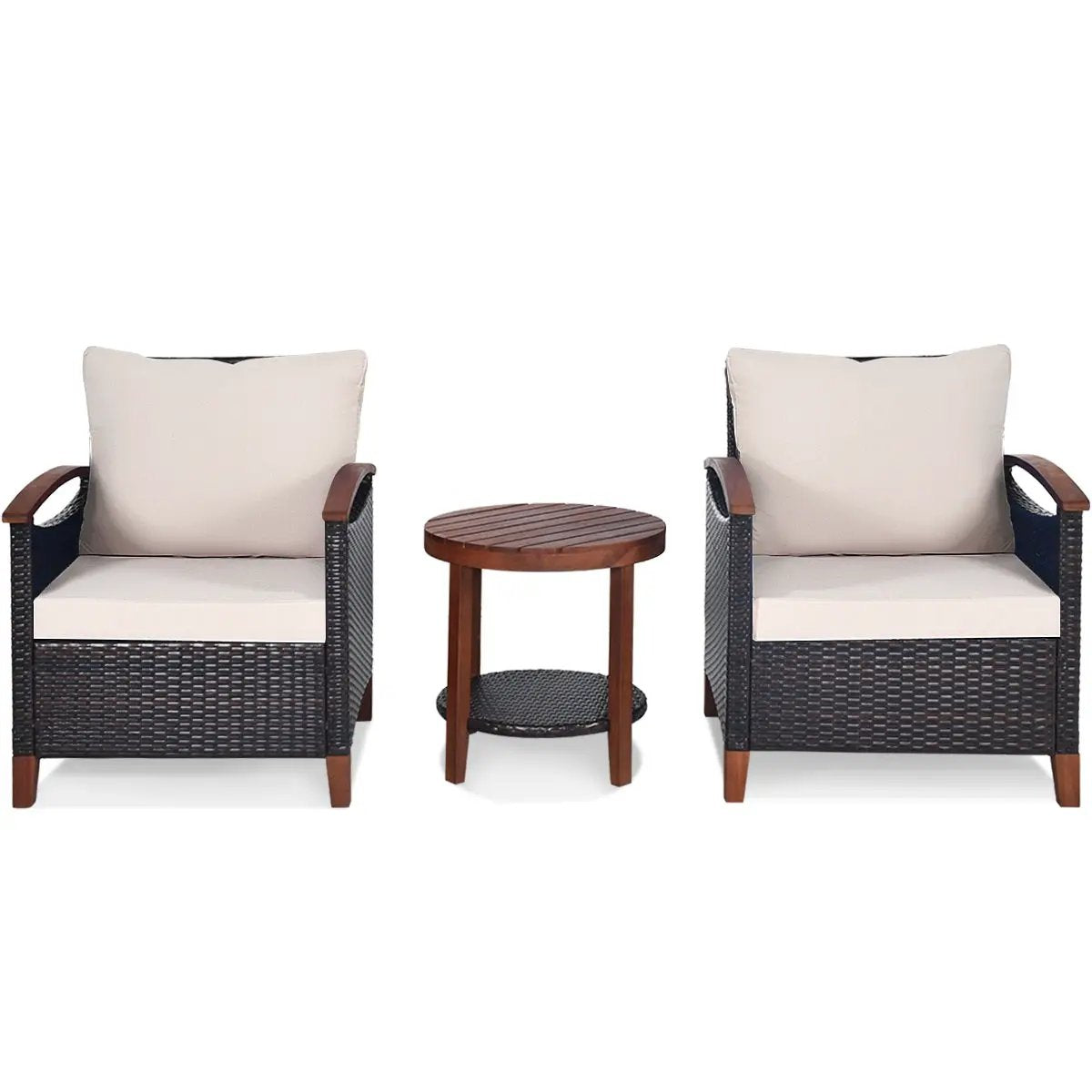 3 Pieces Patio Rattan Furniture Set with Washable Cushion and Acacia Wood Tabletop by DirectDeals
