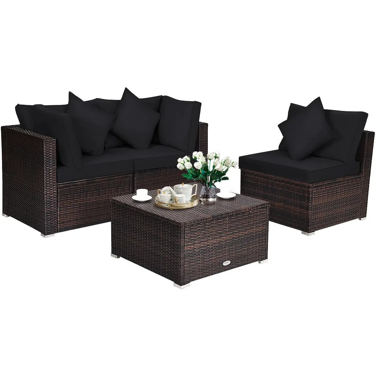 4 Pieces Ottoman Garden Patio Rattan Wicker Furniture Set with Cushion-Gray by DirectDeals