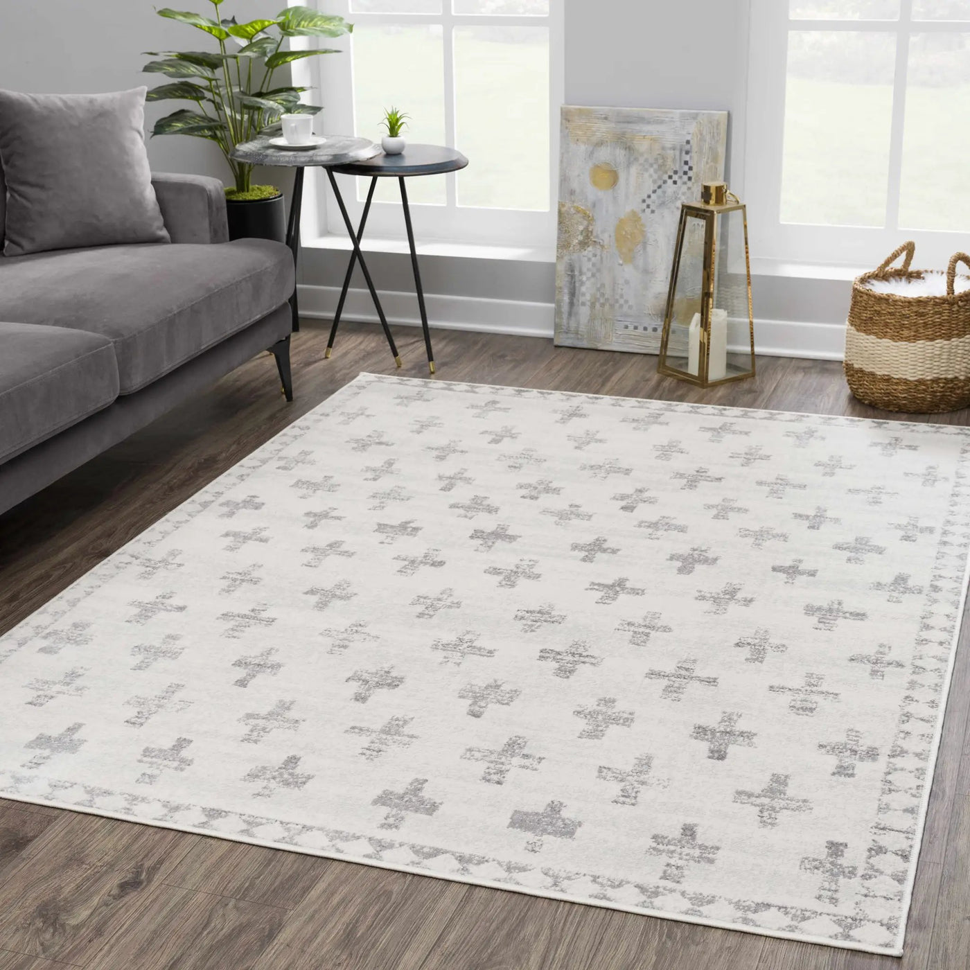 Tigris Swiss Cross Ivory&Gray Area Rug - Clearance by Boutique Rugs