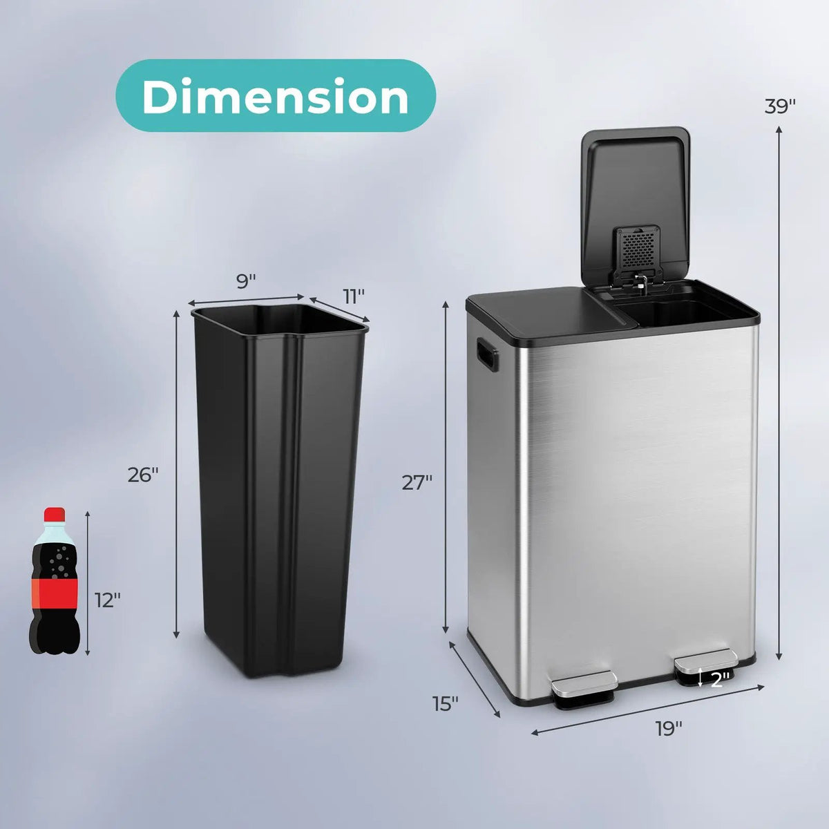 2 x 8 Gal Dual Compartment Trash Can-Silver by DirectDeals