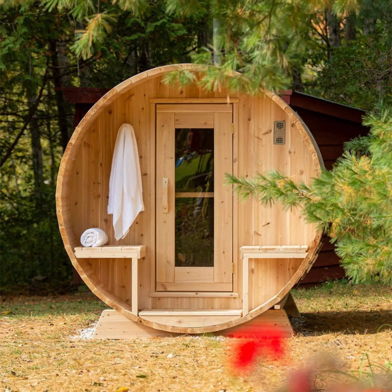 Dundalk Leisurecraft 4-Person Canadian Timber Serenity Barrel Sauna With Solid Wood Benches [CTC2245W] (SAK94862) by SAKSBY WHOLESALE