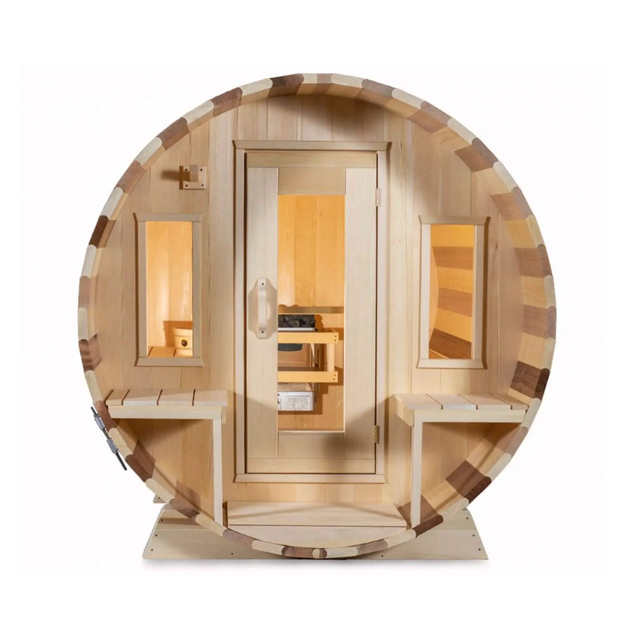 Dundalk Leisurecraft 6-Person Canadian Timber Tranquility Barrel Sauna With Front Porch [CTC2345W] (SAK96814) by SAKSBY WHOLESALE
