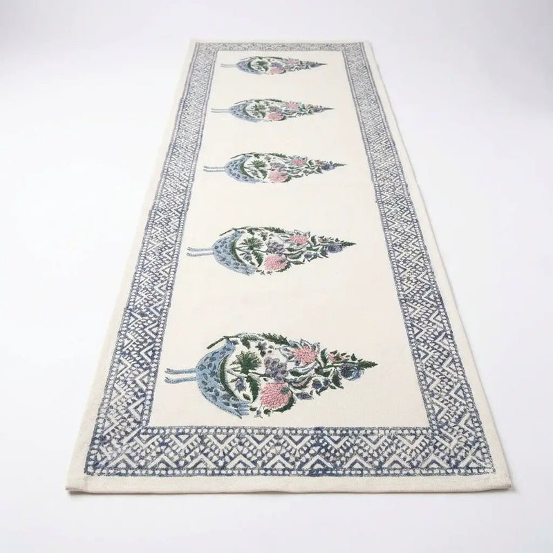 Dusty Blue & Rose Bird Motif Table Linen Set – 13 Piece | Hand Block Printed Cotton | Runner, Placemats & Napkins by House Of Avana