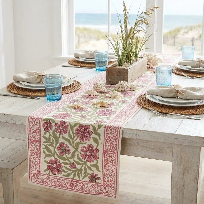 Dusty Rose & Sage Green All-Over Floral Table Linen Set – 13 Piece | Hand Block Printed Cotton | Runner, Placemats & Napkins by House Of Avana