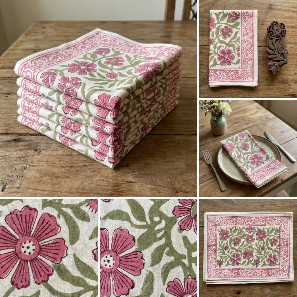 Dusty Rose & Sage Green All-Over Floral Table Linen Set – 13 Piece | Hand Block Printed Cotton | Runner, Placemats & Napkins by House Of Avana