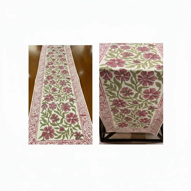 Dusty Rose & Sage Green All-Over Floral Table Linen Set – 13 Piece | Hand Block Printed Cotton | Runner, Placemats & Napkins by House Of Avana