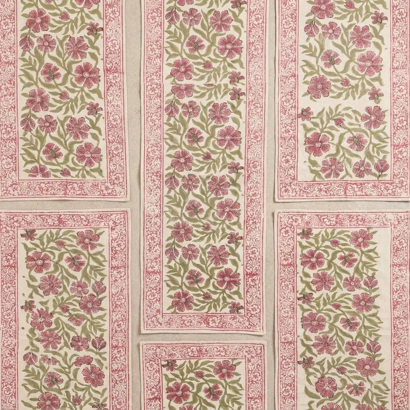 Dusty Rose & Sage Green All-Over Floral Table Linen Set – 13 Piece | Hand Block Printed Cotton | Runner, Placemats & Napkins by House Of Avana