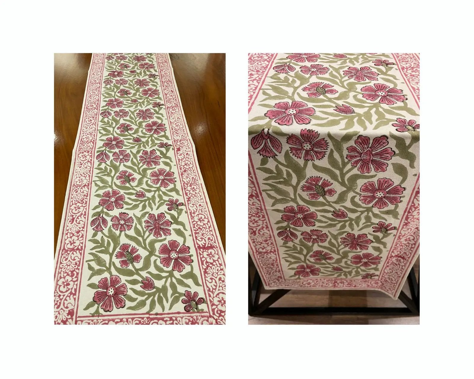Dusty Rose & Sage Green All-Over Floral Table Linen Set – 13 Piece | Hand Block Printed Cotton | Runner, Placemats & Napkins by House Of Avana