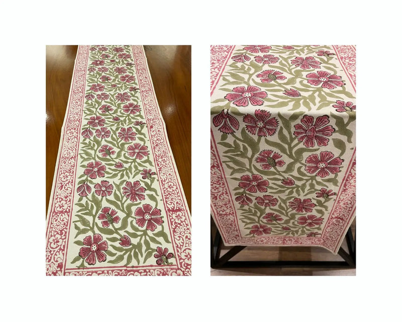 Dusty Rose & Sage Green All-Over Floral Table Linen Set – 13 Piece | Hand Block Printed Cotton | Runner, Placemats & Napkins by House Of Avana