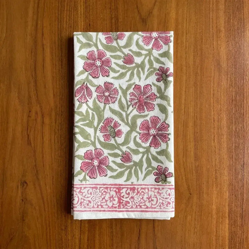 Dusty Rose & Sage Green All-Over Floral Table Linen Set – 13 Piece | Hand Block Printed Cotton | Runner, Placemats & Napkins by House Of Avana