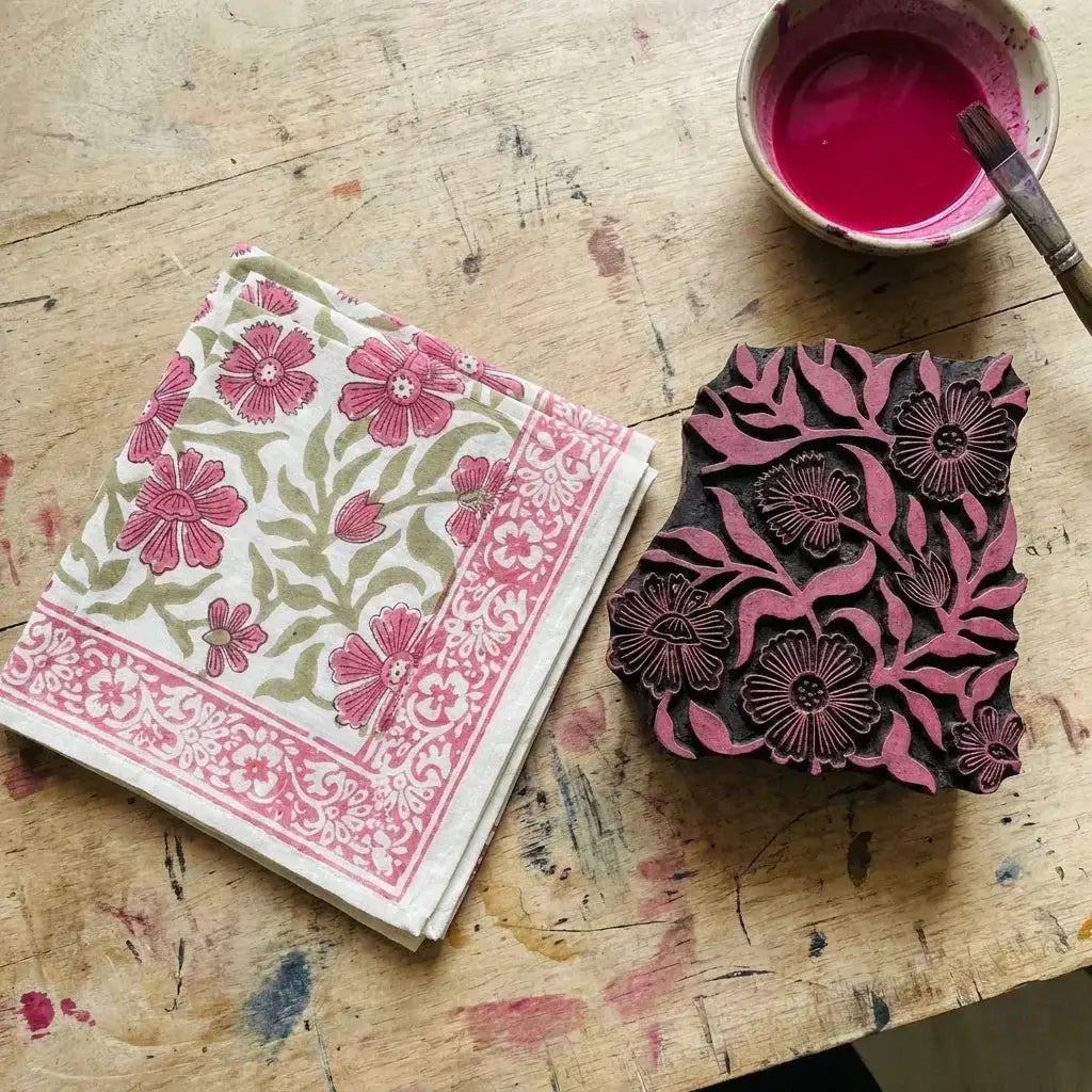 Dusty Rose & Sage Green All-Over Floral Table Linen Set – 13 Piece | Hand Block Printed Cotton | Runner, Placemats & Napkins by House Of Avana