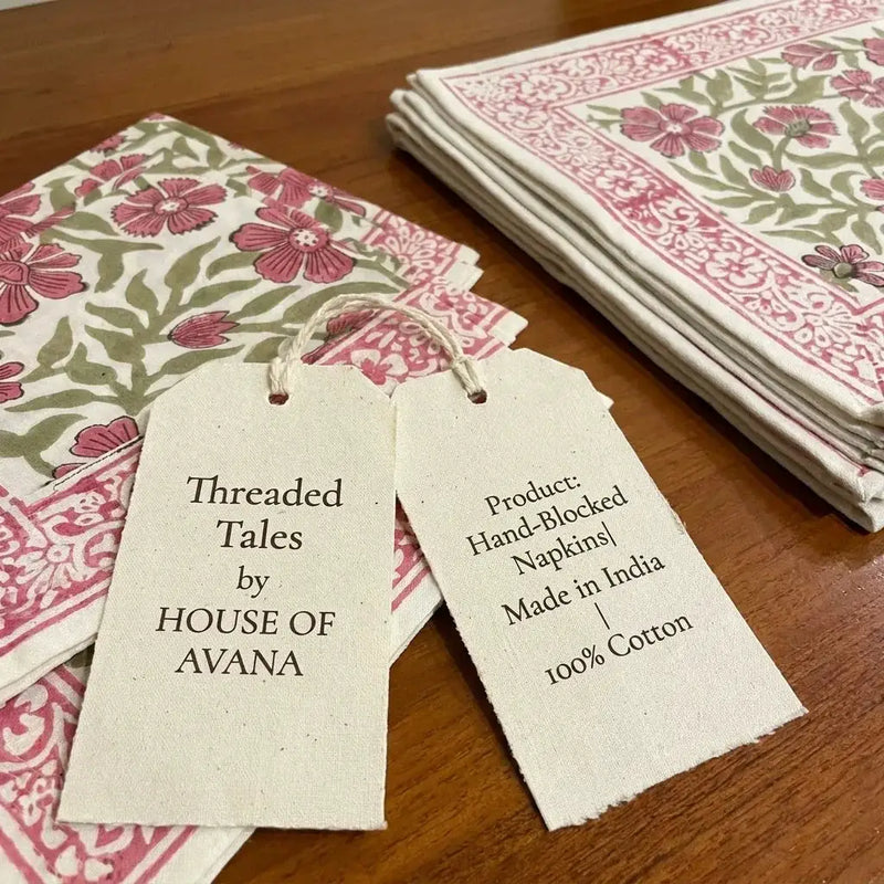 Dusty Rose & Sage Green All-Over Floral Table Linen Set – 13 Piece | Hand Block Printed Cotton | Runner, Placemats & Napkins by House Of Avana