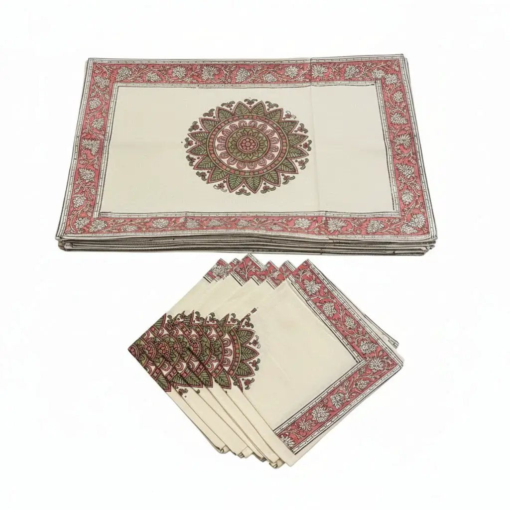 Dusty Rose & Sage Green Mandala Table Linen Set – 13 Piece | Hand Block Printed Cotton | Runner, Placemats & Napkins by House Of Avana