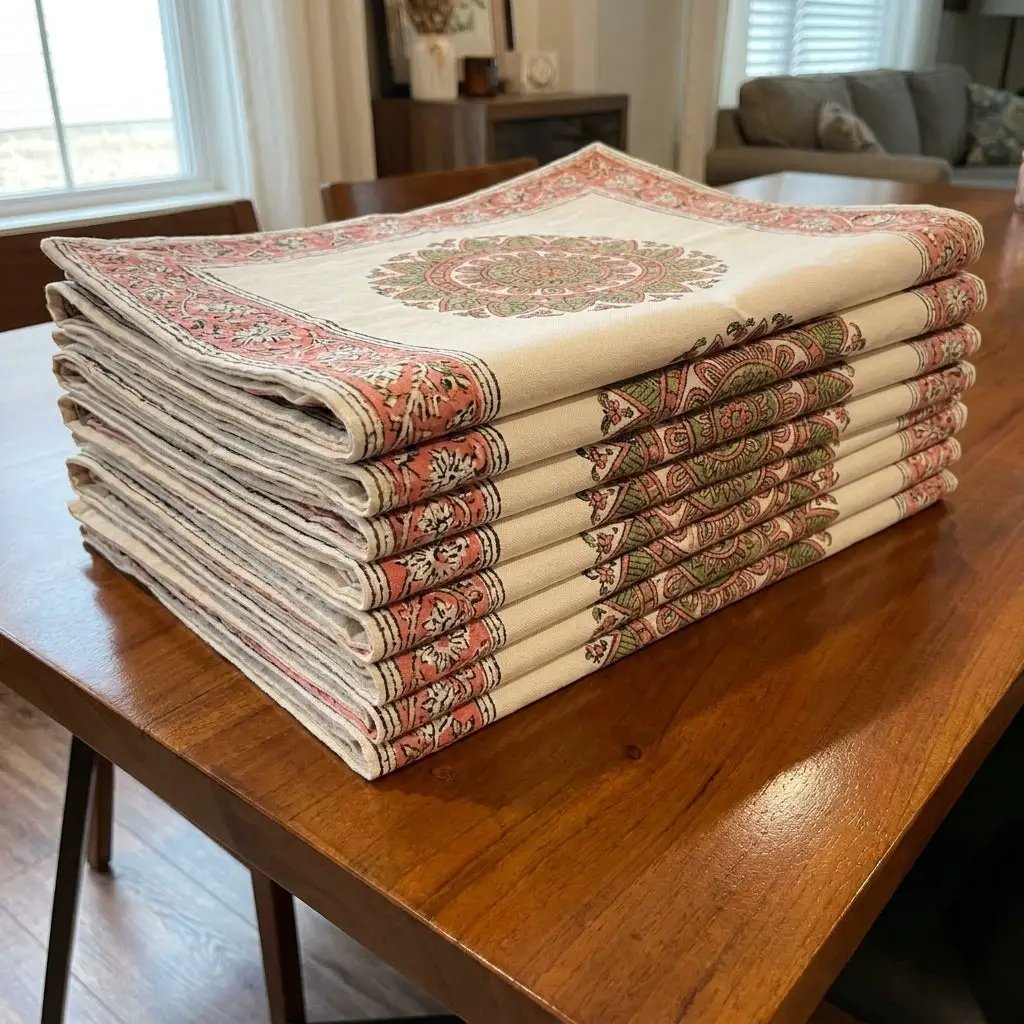Dusty Rose & Sage Green Mandala Table Linen Set – 13 Piece | Hand Block Printed Cotton | Runner, Placemats & Napkins by House Of Avana
