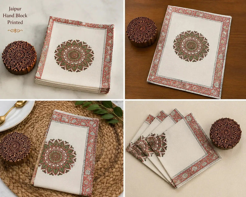 Dusty Rose & Sage Green Mandala Table Linen Set – 13 Piece | Hand Block Printed Cotton | Runner, Placemats & Napkins by House Of Avana