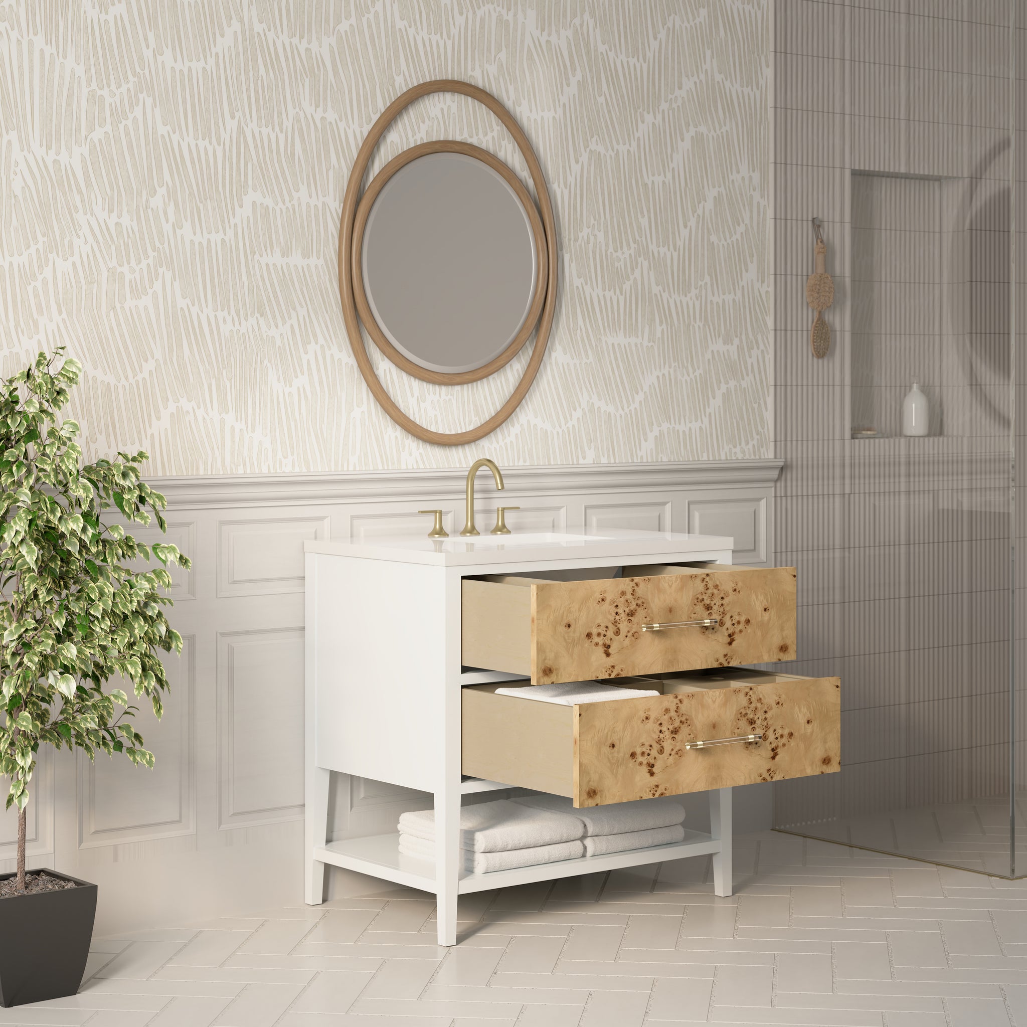 James Martin Olena 36" Single Bathroom Vanity, Polished White and Light Mappa Burl, view 19