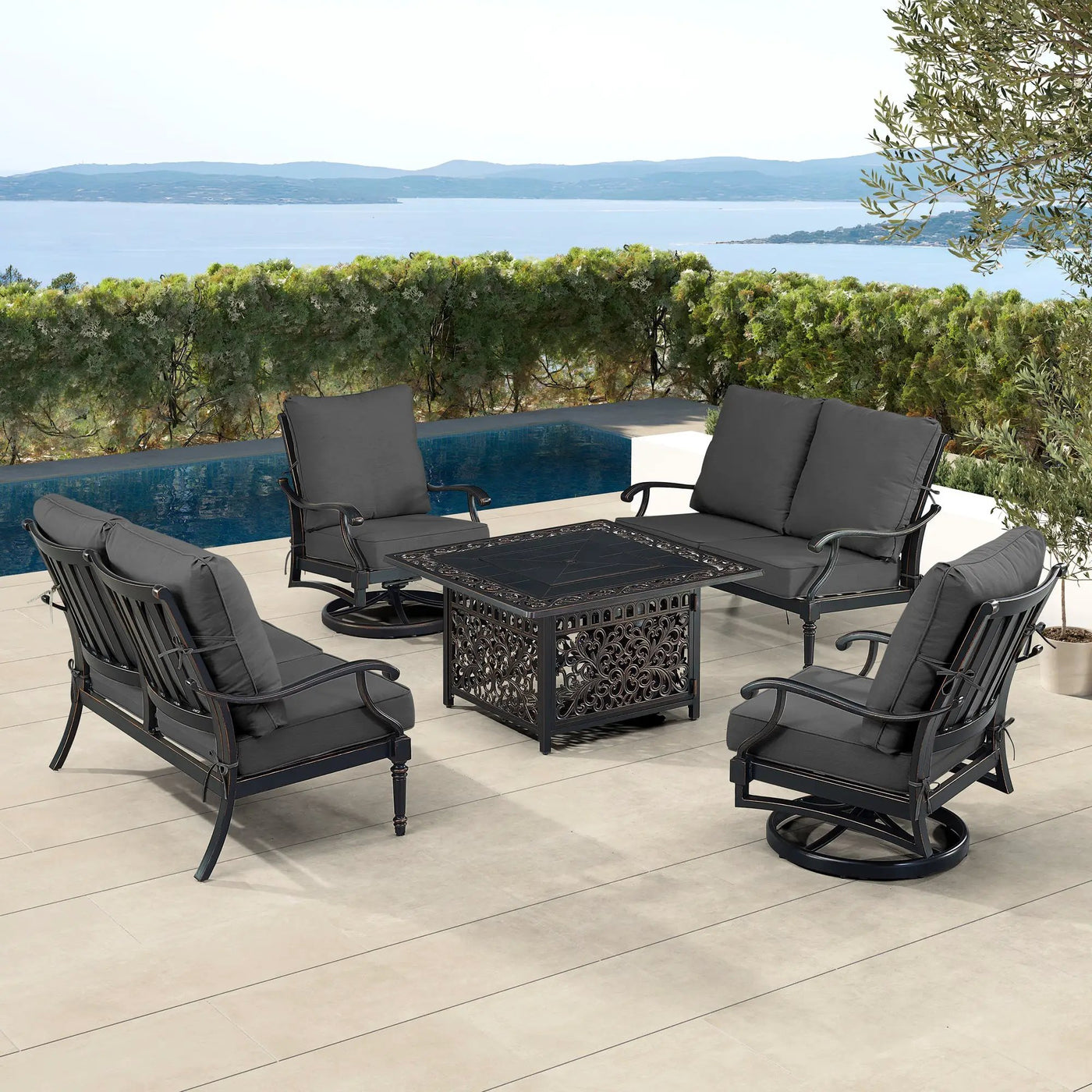 Black Aluminum Fire Table Set with Two Loveseats and Two Club Chairs by Sharicks
