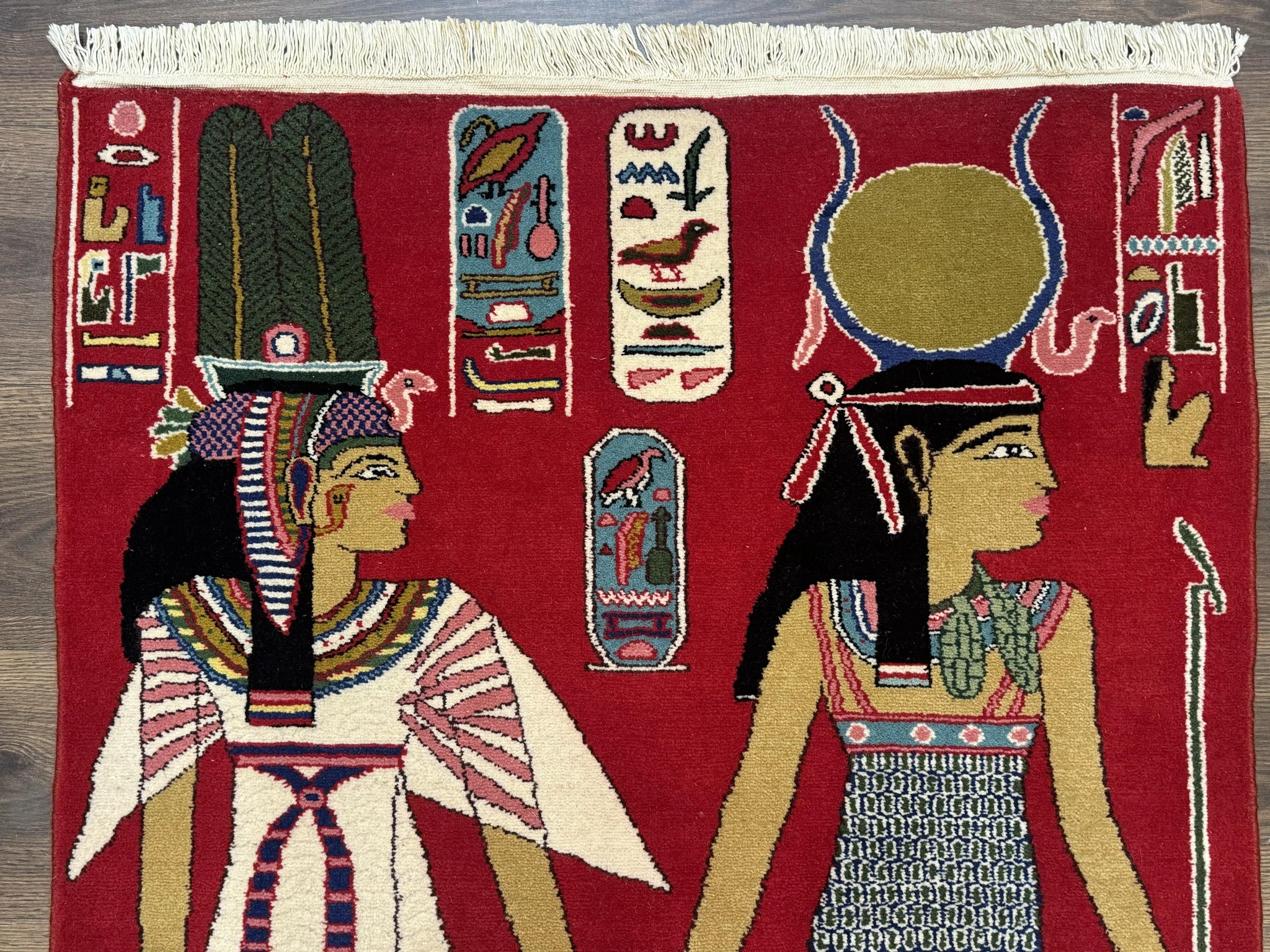 Egyptian Pictorial Rug 3x4, Hieroglyphic Pictorial Rug, Egyptian Prince and Princess, Cleopatra, Vintage Handmade, Red by Jewel Rugs