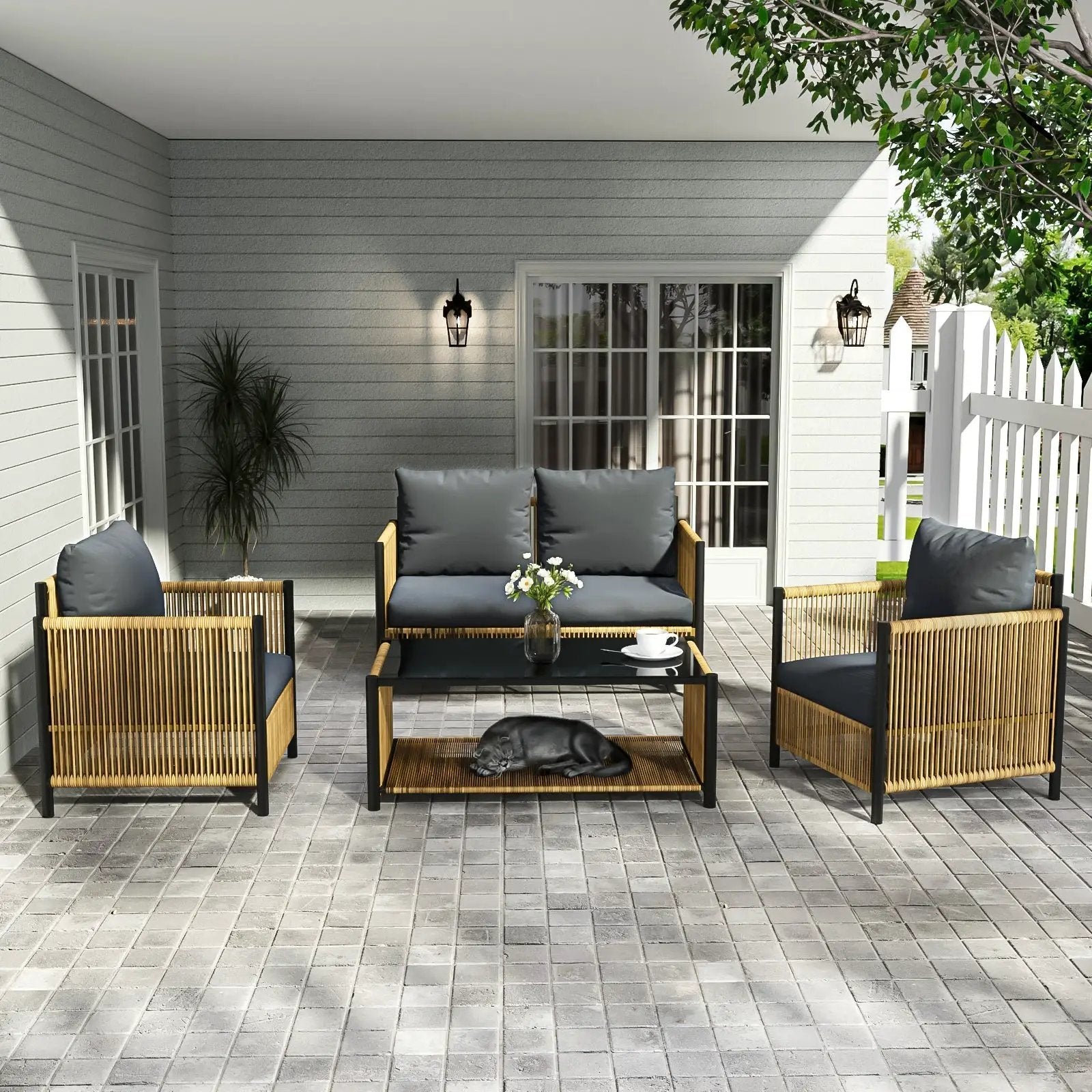 Patio 4-Piece Brown PE Wicker Sofa Set with Grey Cushions by HouseOfZazla