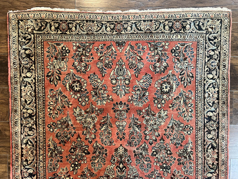 Antique Persian Sarouk Rug 4x7, Hand Knotted Wool Red Persian Carpet, Floral, Fine 300 KPSI by Jewel Rugs