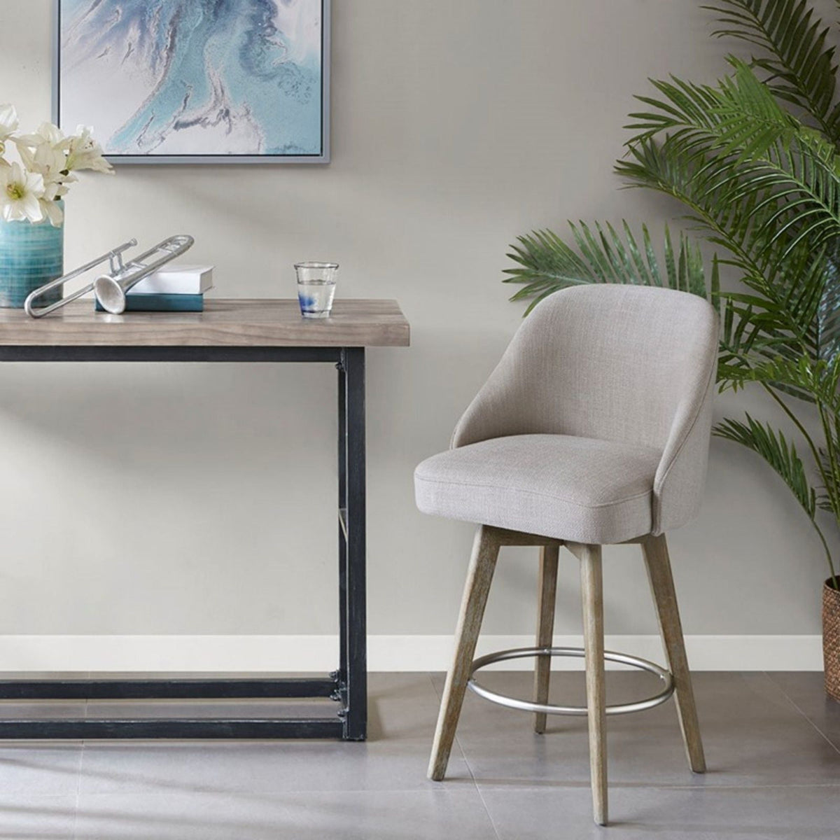 Counter Stool with Swivel Seat and Solid Wood Legs - Beige or Gray, photo 17 of 18