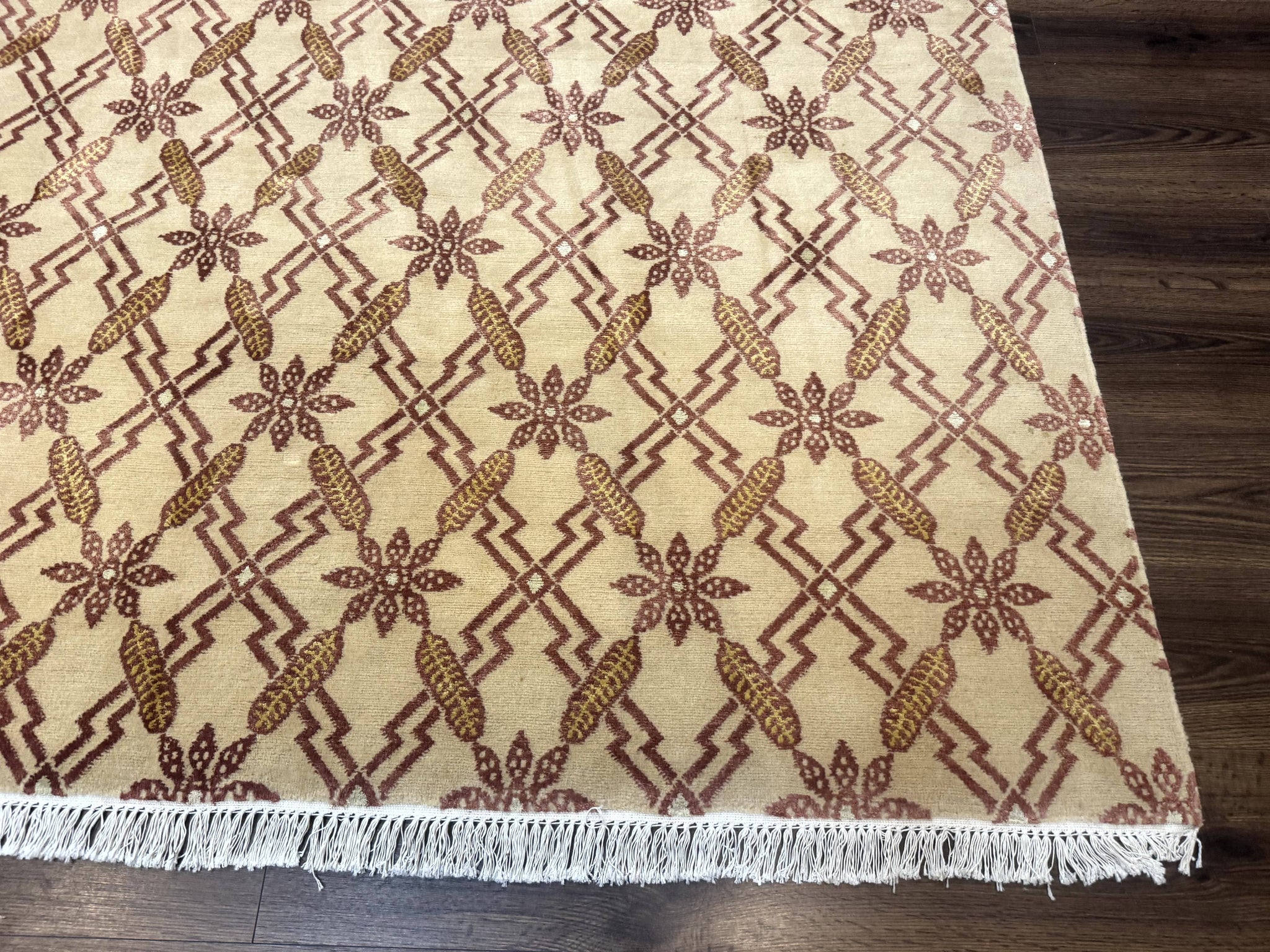 Tibetan Rug 8x10, Wool with Silk Highlights, Beige and Maroon, Contemporary Carpet by Jewel Rugs