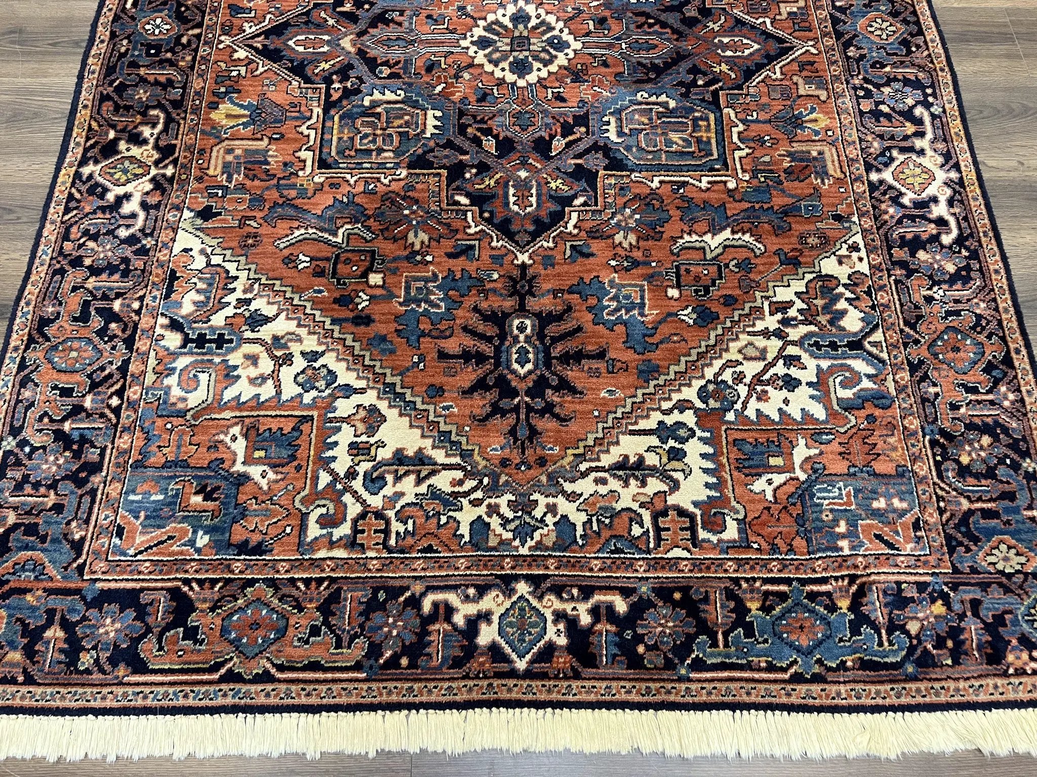 Heriz Rug 5.6 x 8, Geometric Medallion, Wool Oriental Carpet, Tribal Boho Rug, Red Navy Blue Cream, Belgium Power Loomed Rug, Medium Sized by Jewel Rugs