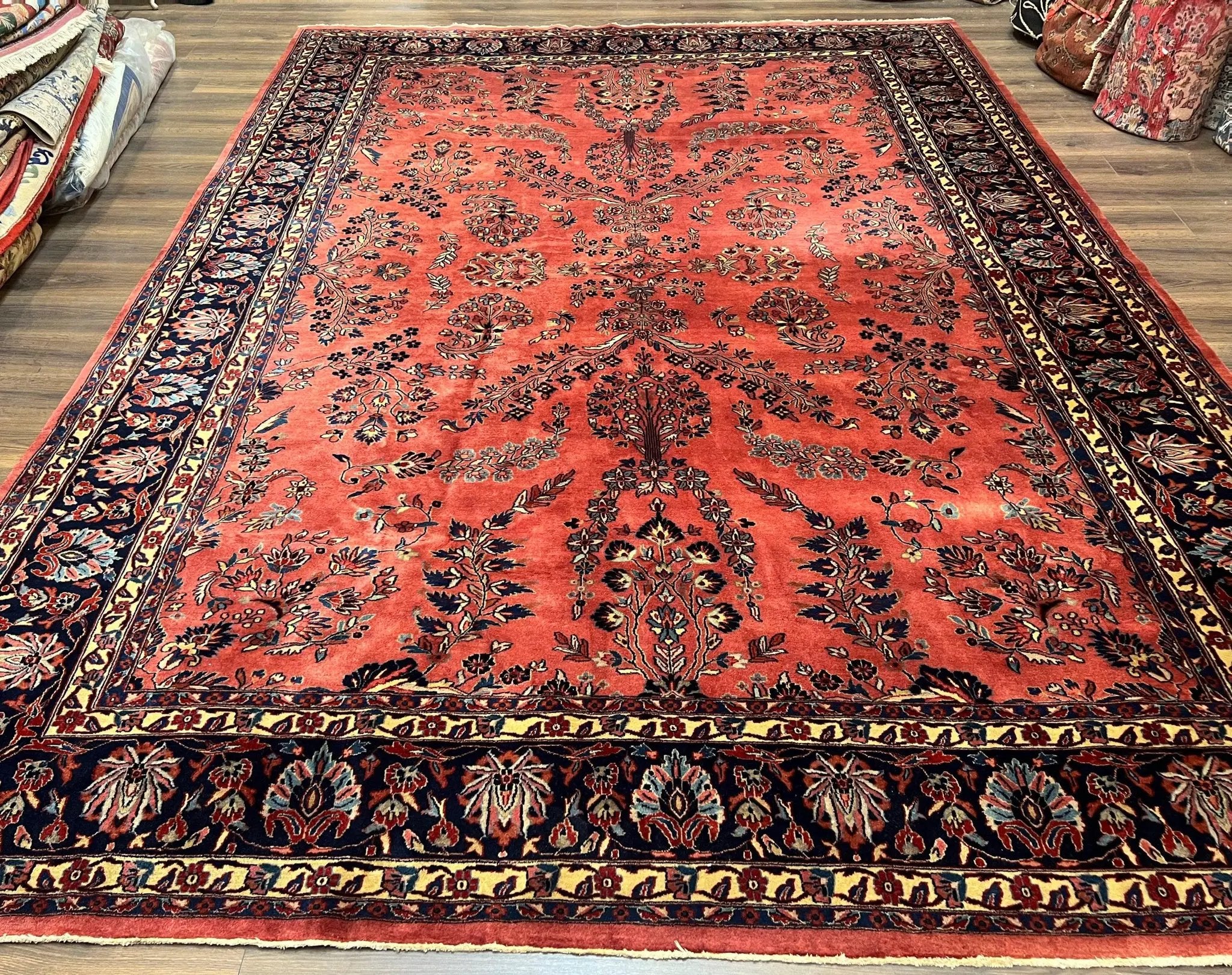 Indo Sarouk Rug 10x14, Vintage Indian Persian Area Rug 10 x 14, Wool Hand-Knotted Oriental Carpet, Red Floral Allover Large Rug, Beautiful by Jewel Rugs