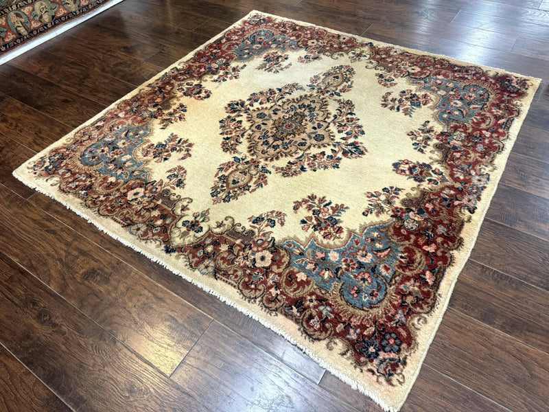 Square Persian Kerman Rug, Beige/Cream and Light Blue, Traditional Persian Rug, 5.5 x 5.5 ft by Jewel Rugs