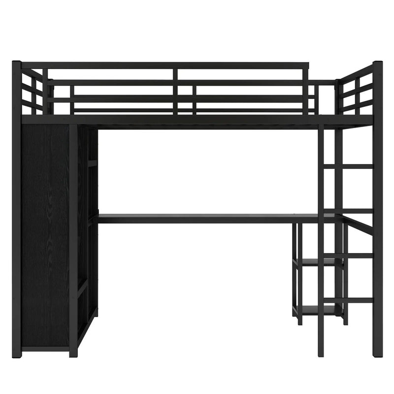 Full Size Loft Bed Frame with Built-in Wardrobe, Metal Loft Bed with Desk and Storage Shelves by HouseOfZazla