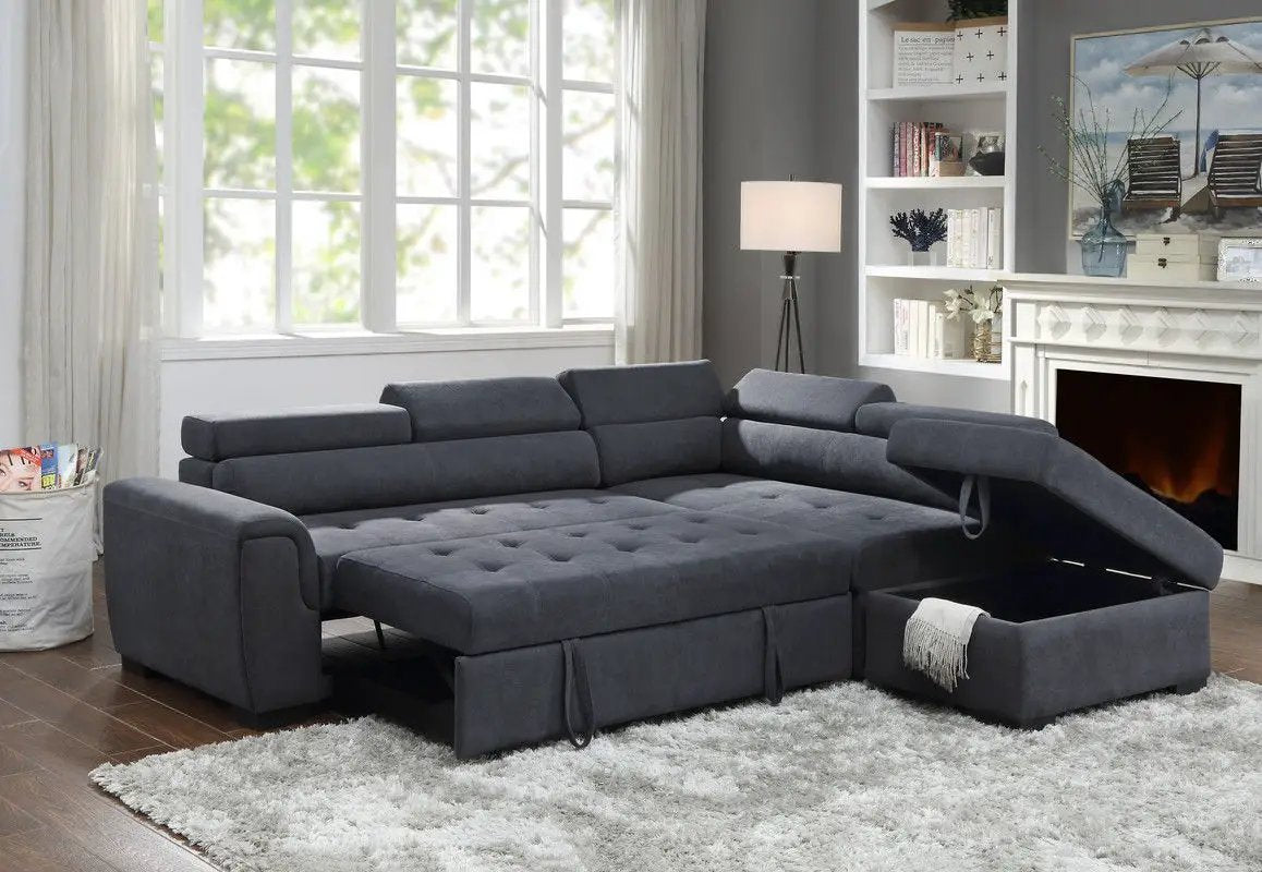 Haris - Sleeper Sofa Sectional With Adjustable Headrest And Storage Ottoman - Dark Gray by Unique Piece Furniture