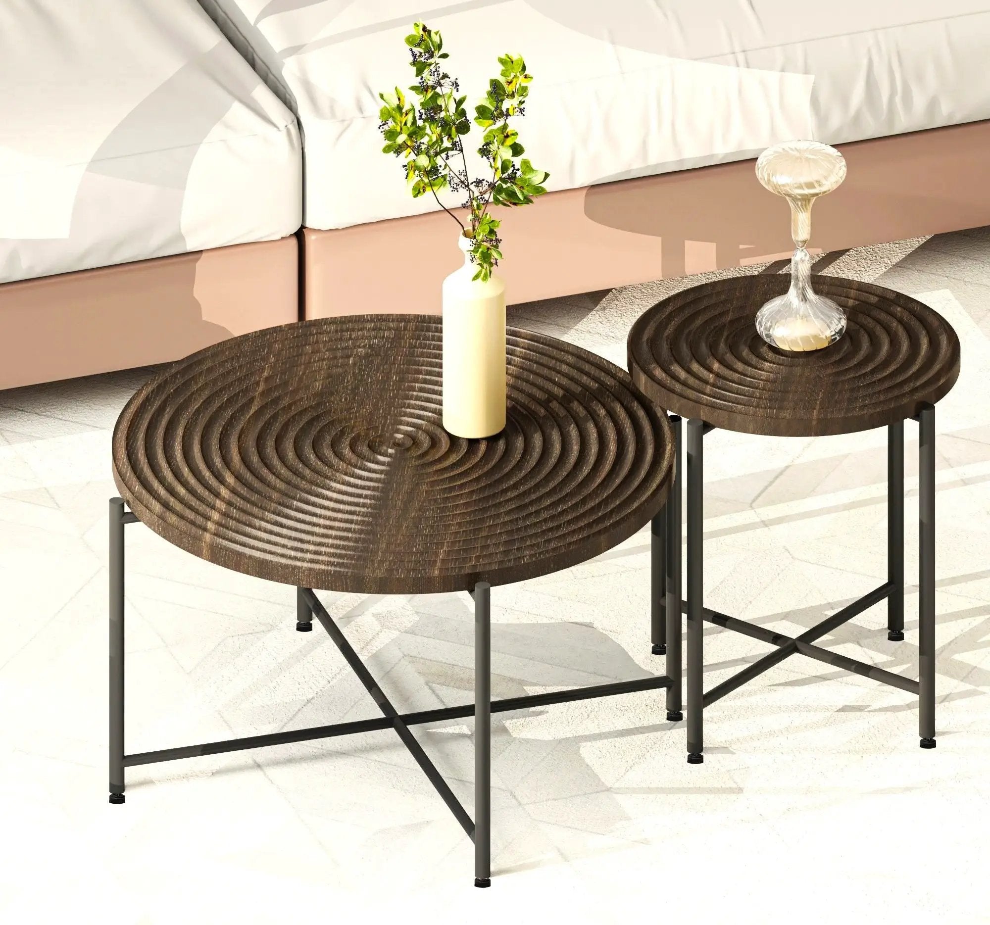 Coffee And End Table Set Waterproof Cover, Distressed Cylindrical Design, Legs Classic Rustic Charm (Set of 2) by HouseOfZazla