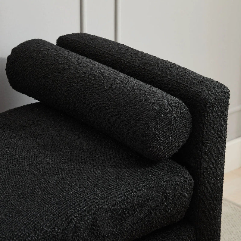 Elegant Upholstered Bench, Daybed, Ottoman With Wood Legs & 2 Bolster Pillows - Black Boucle by HouseOfZazla