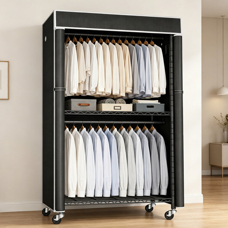 Freestanding Garment Rack with Dust Cover – Iron Frame, Mobile - Black, photo 8 of 8