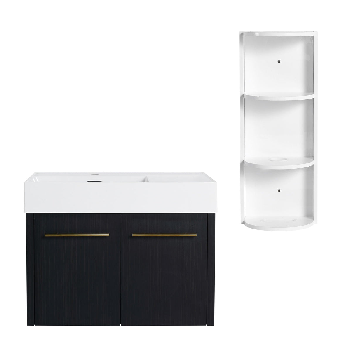 Modern Wall Mounted Bathroom Vanity with Resin Sink and Storage Rack - Black, photo 11 of 12