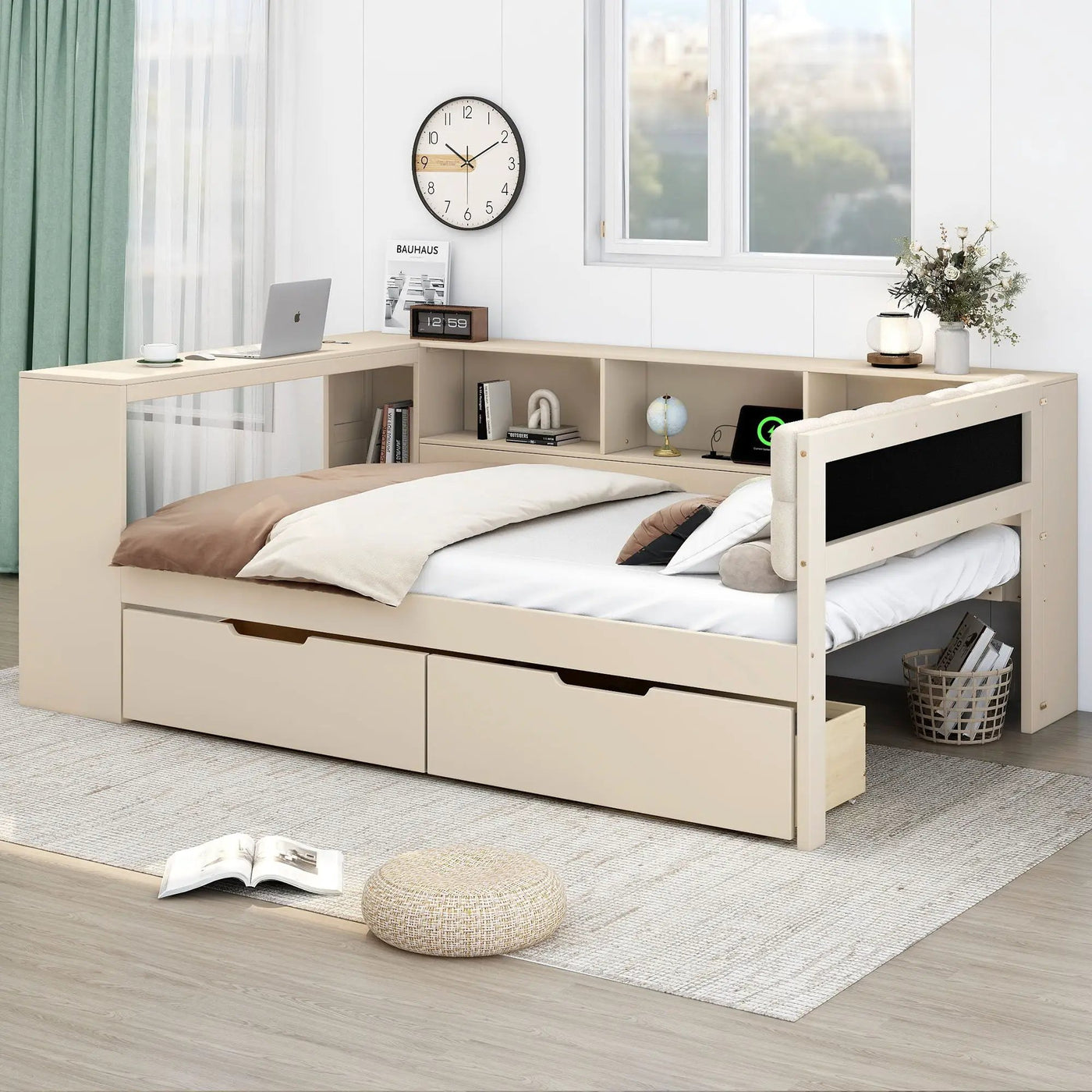Upholstered Headboard Platform Bed With Storage Shelves, Drawers, Charging Station by HouseOfZazla