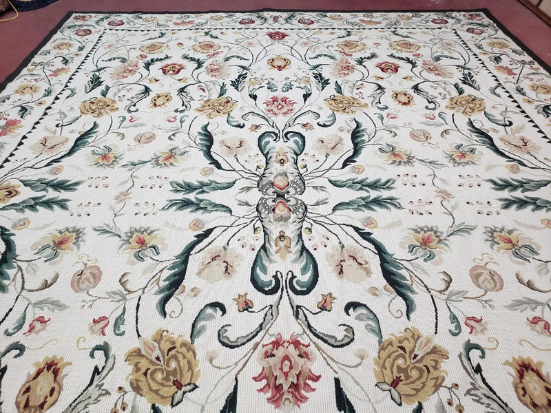 New Needlepoint Rug 9x12, Hand Woven Wool Area Rug, Flatweave Carpet, Handmade Chinese Needlepoint, Floral European Design, Ivory Background by Jewel Rugs
