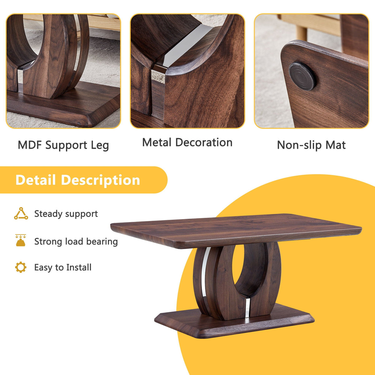 Modern Minimalist Rectangular Coffee Table with Walnut Grain Finish - Dark Brown, photo 21 of 23