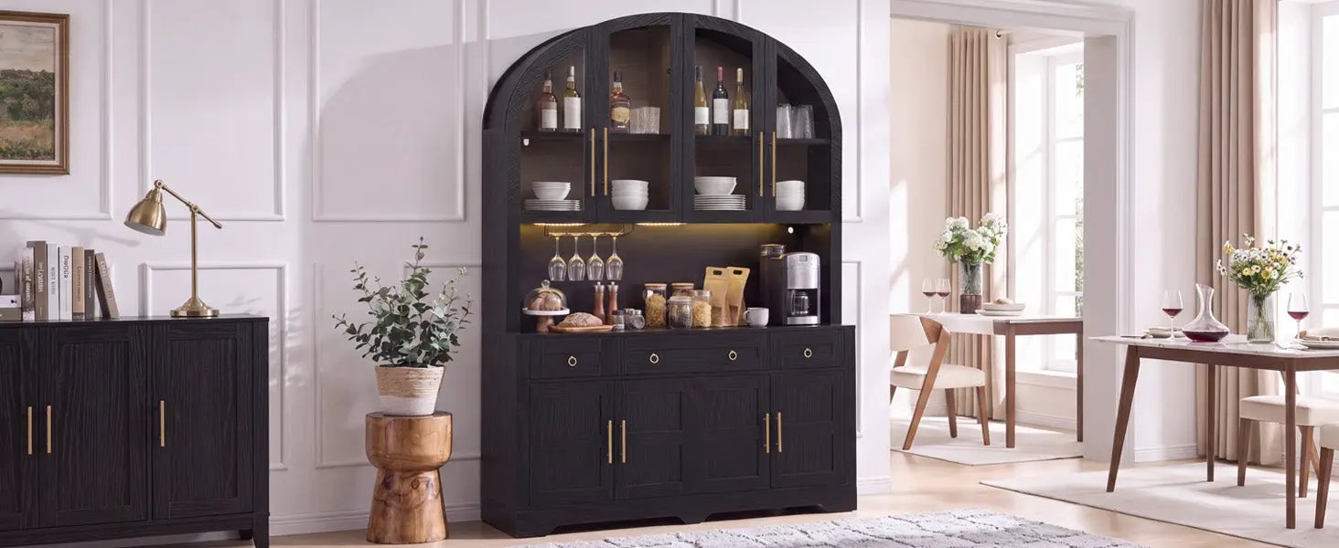 K&K 75.8" Tall Arched Kitchen Pantry Cabinet with LED & Charging Station by HouseOfZazla