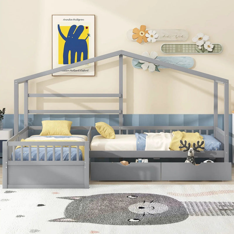 L Shape Platform Bed With 3 Storage Drawers