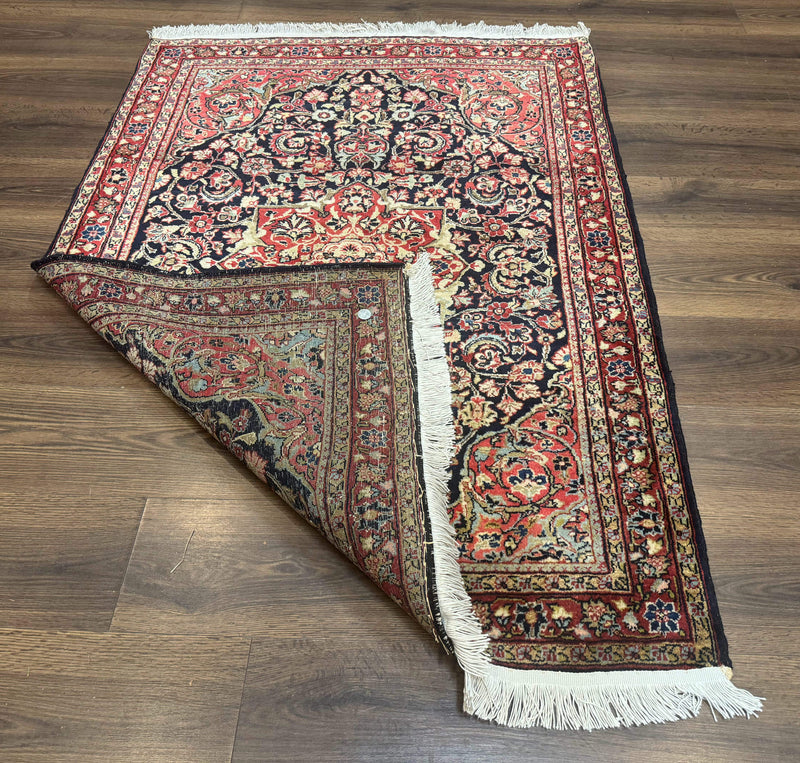 Antique Persian Sarouk Rug 4x5, Dark Blue and Red, Floral Medallion, Fine by Jewel Rugs