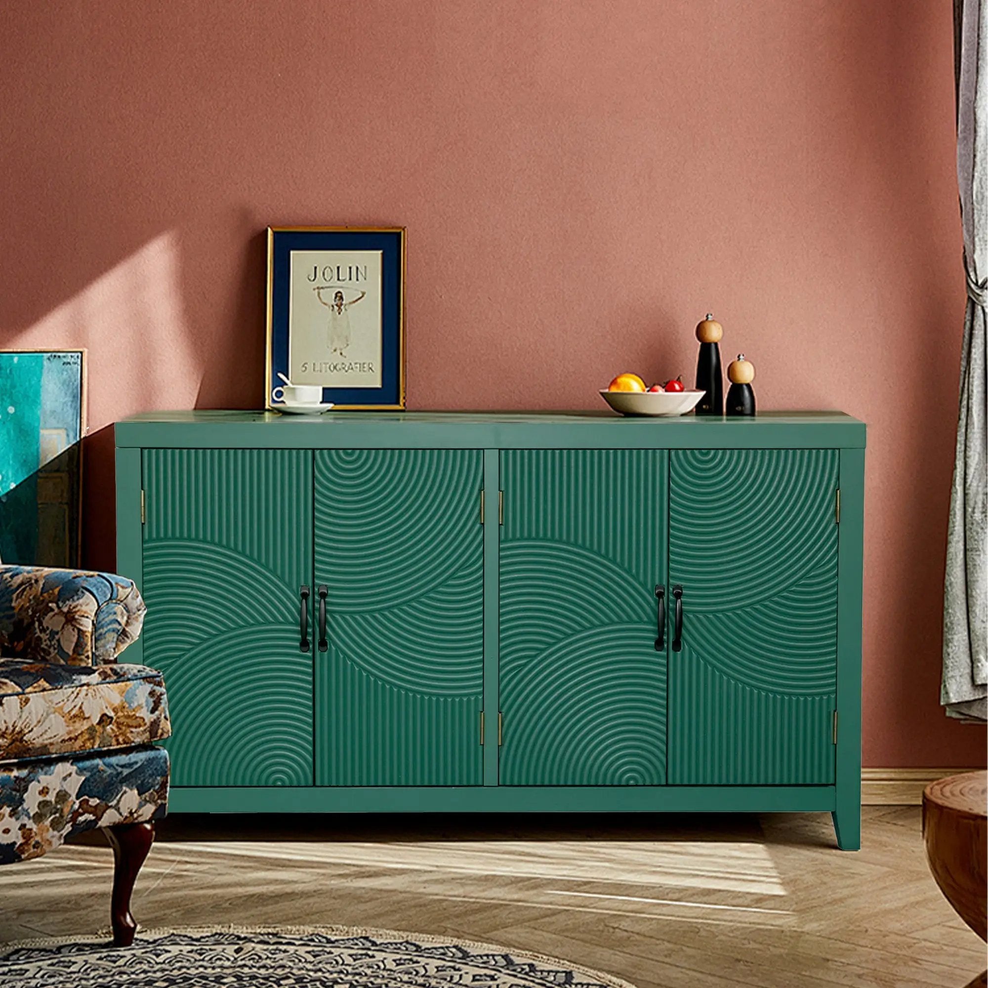 59in Green Accent Cabinet with 4 Doors Mid Century Modern Buffet by HouseOfZazla