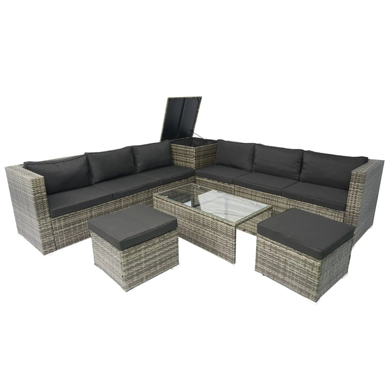 8 Piece Patio Sectional Wicker Rattan Outdoor Furniture Sof Set With One Storage Box Under Seat And Cushion Box - Gray / Black by HouseOfZazla