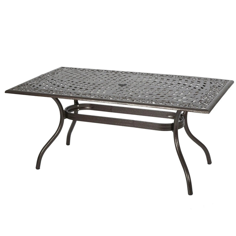 Celestine Outdoor Cast Aluminum Dining Table with Floral Lattice Design and Umbrella Holder by HouseOfZazla