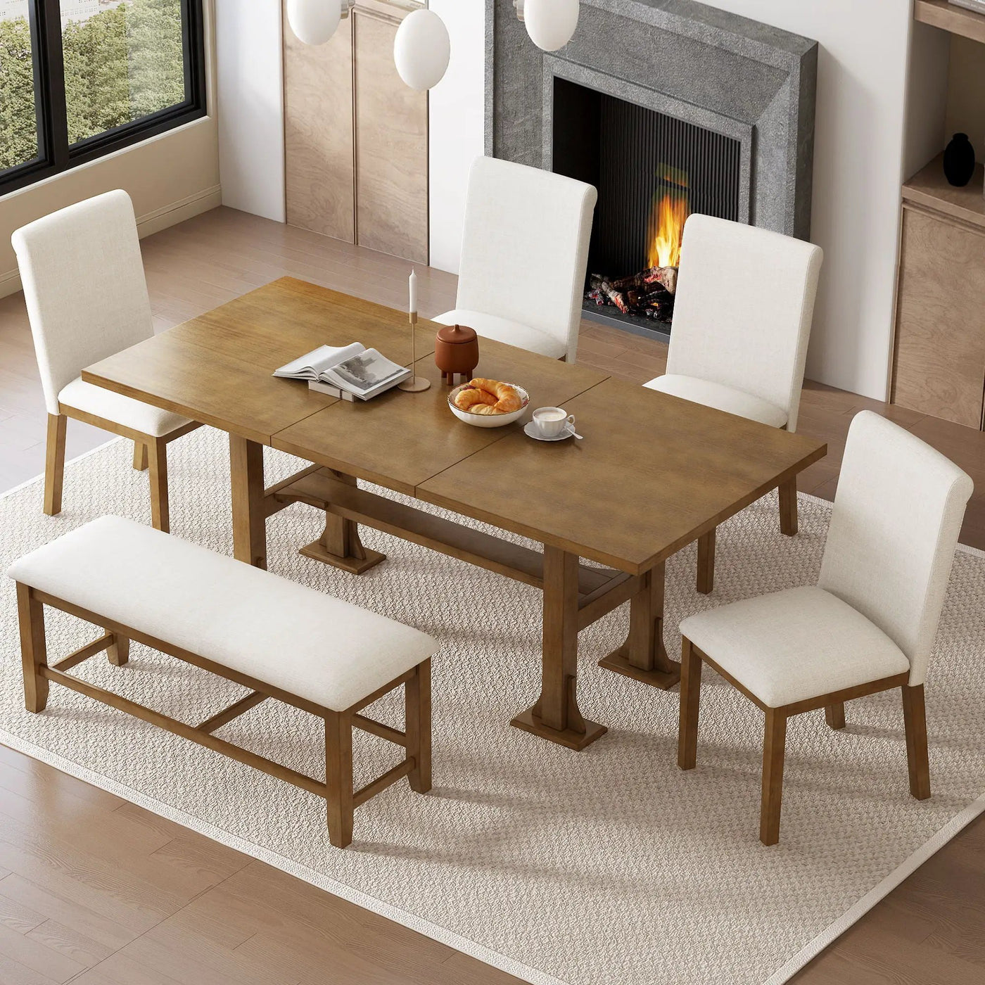 Topmax - 6 Piece Farmhouse Extendable Dining Table Set Trestle Kitchen Table Set With Removable Leaf And Upholstered Dining Chair And Bench For Dining Room by Unique Piece Furniture