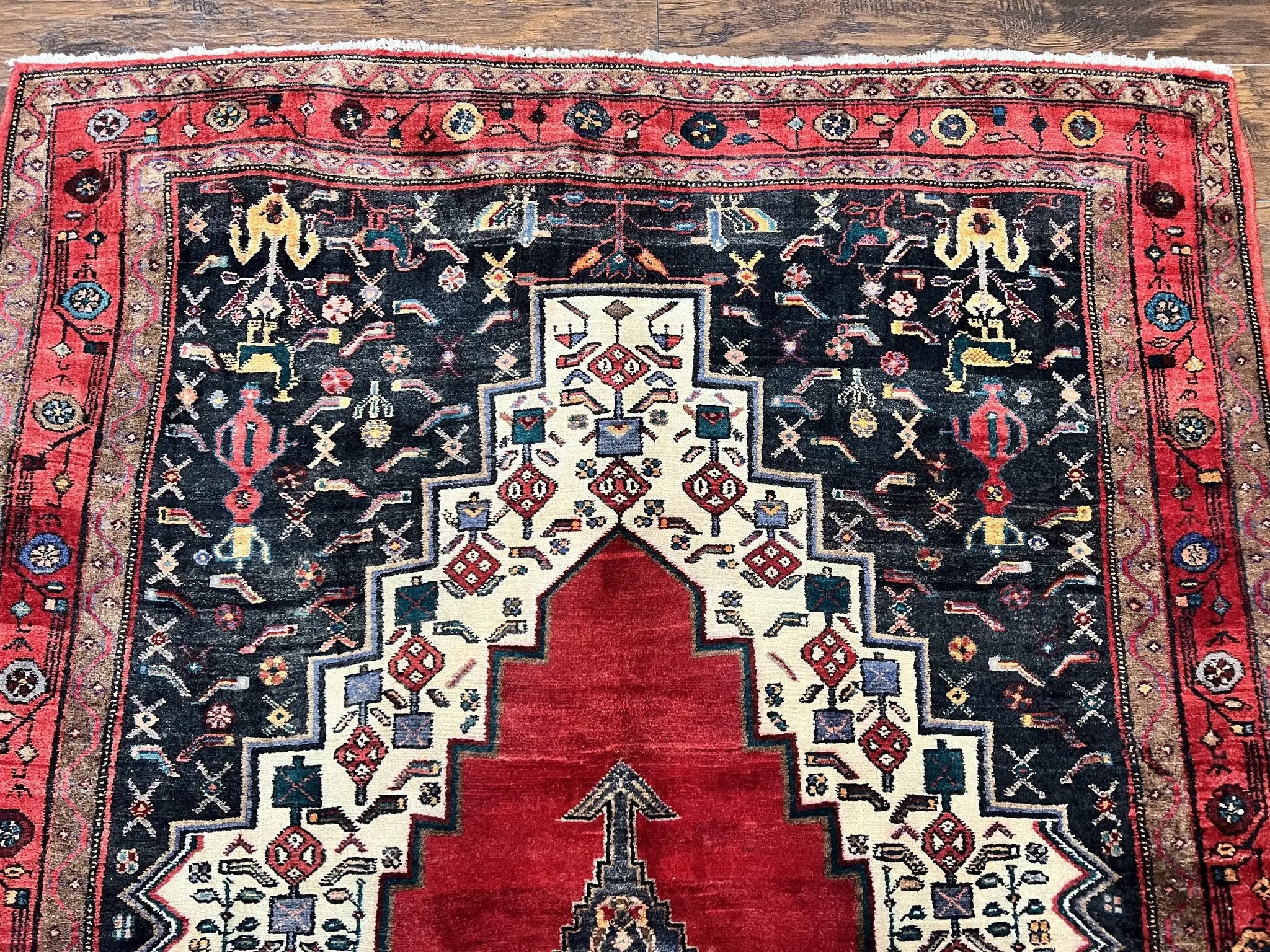 Persian Rug 5x12 ft, Red Cream Navy Blue, Pictorials, Hand Knotted Handmade Wide Runner Tribal Bidjar Semi Antique Wool Geometric Oriental Rug by Jewel Rugs